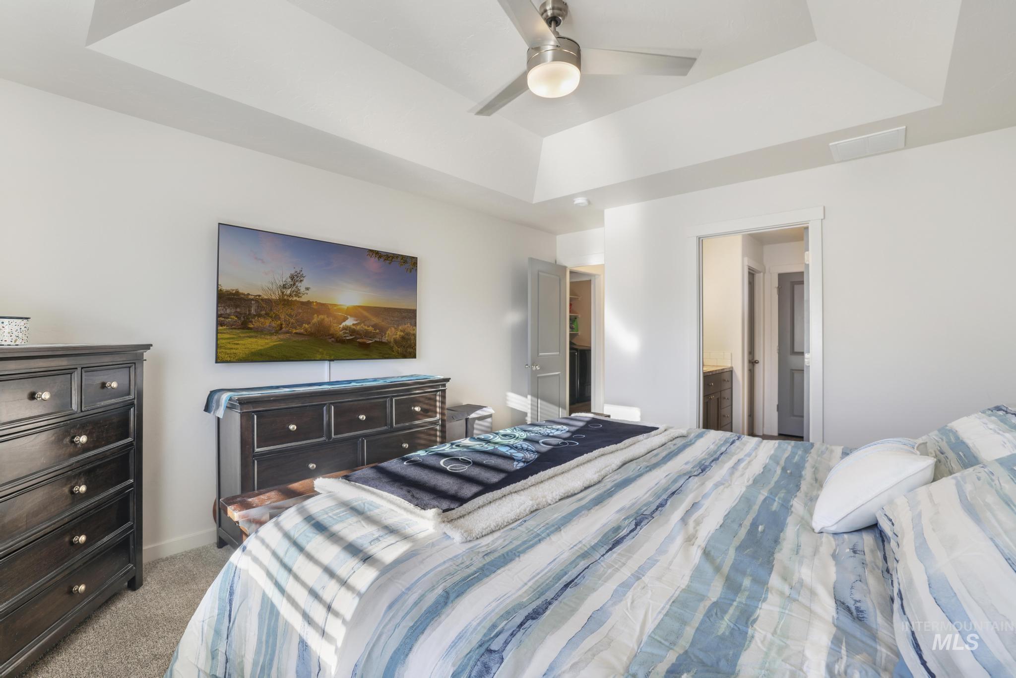 Bedroom with a raised ceiling, light colored carpet, and ceiling fan