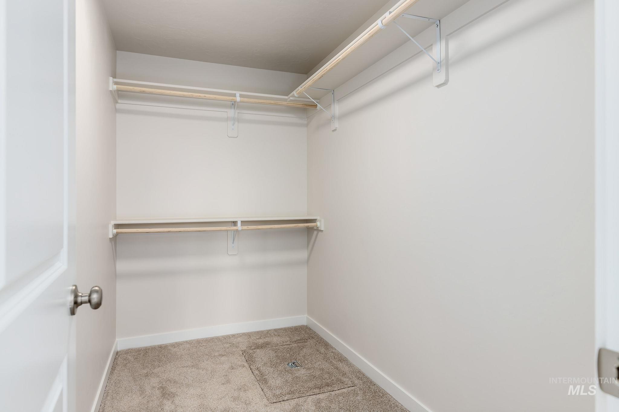 Spacious closet featuring light colored carpet
