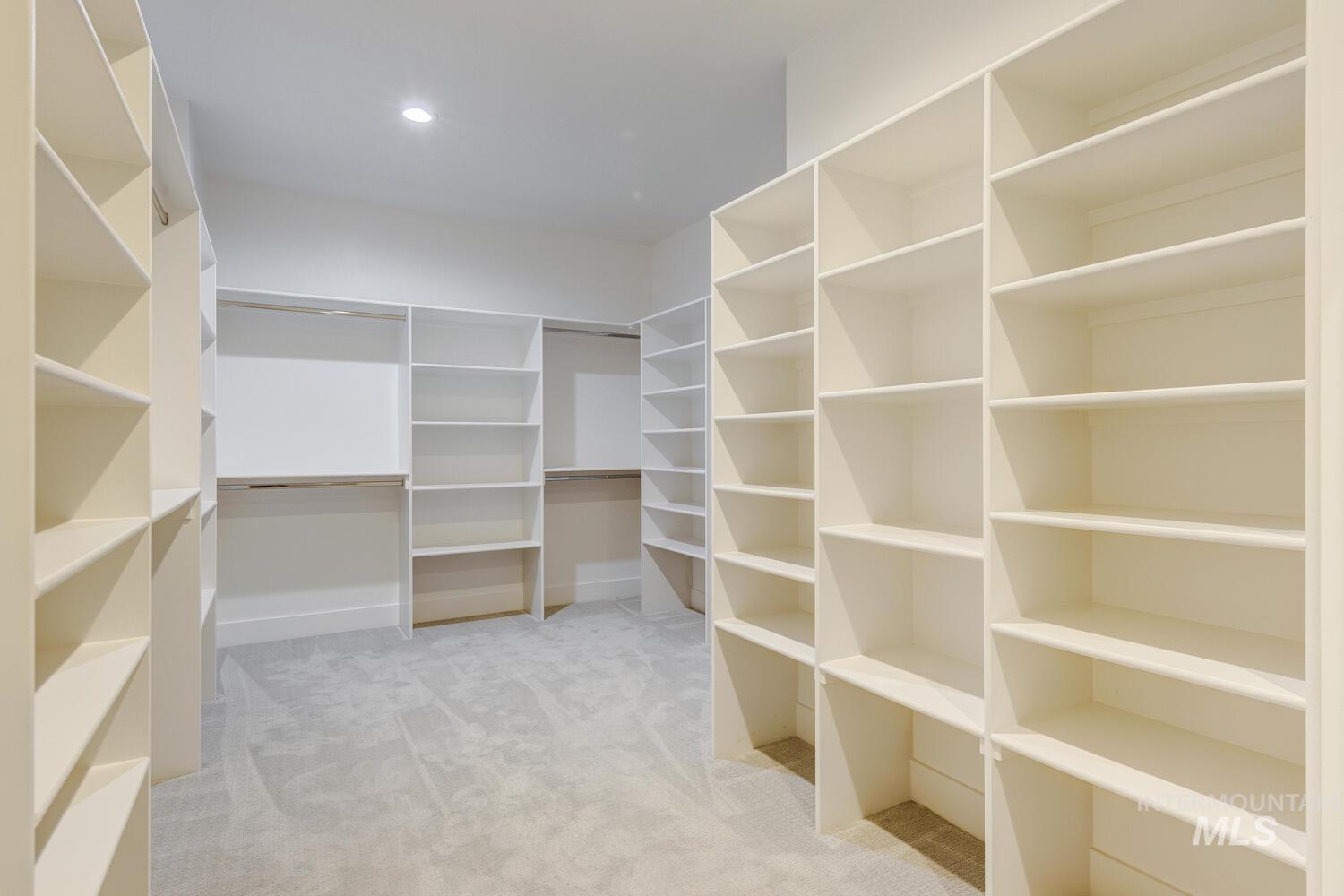Spacious closet with light carpet