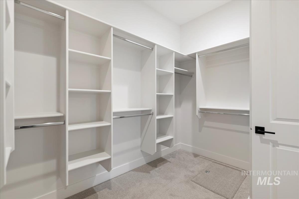Spacious closet featuring light colored carpet