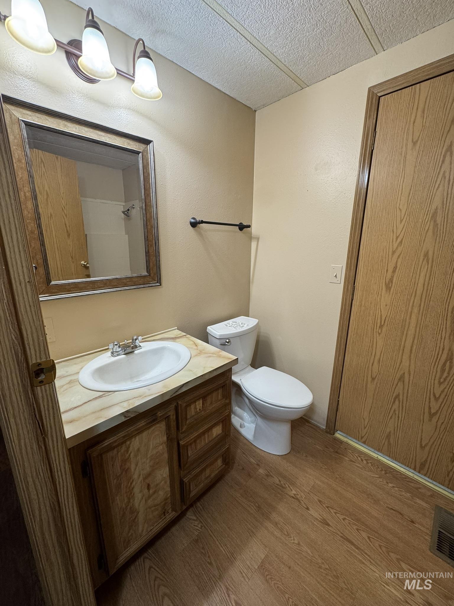 Bathroom with vanity, dark wood-style flooring, and a textured ceiling