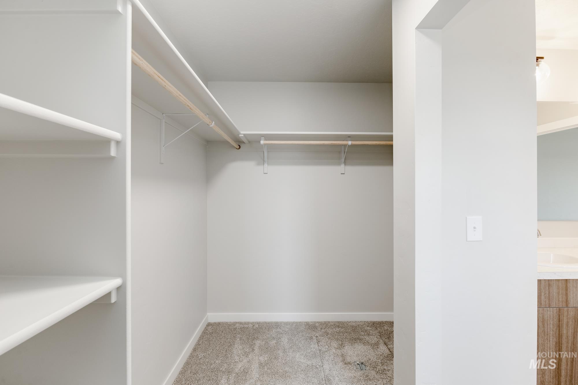 Walk in closet featuring light carpet and a sink