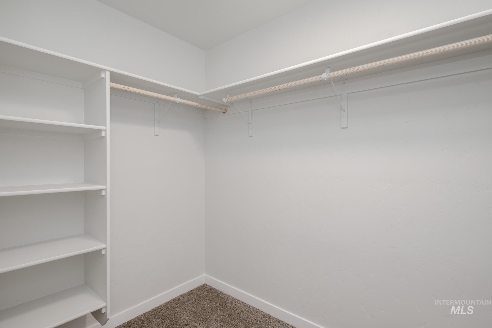 Walk in closet featuring dark colored carpet