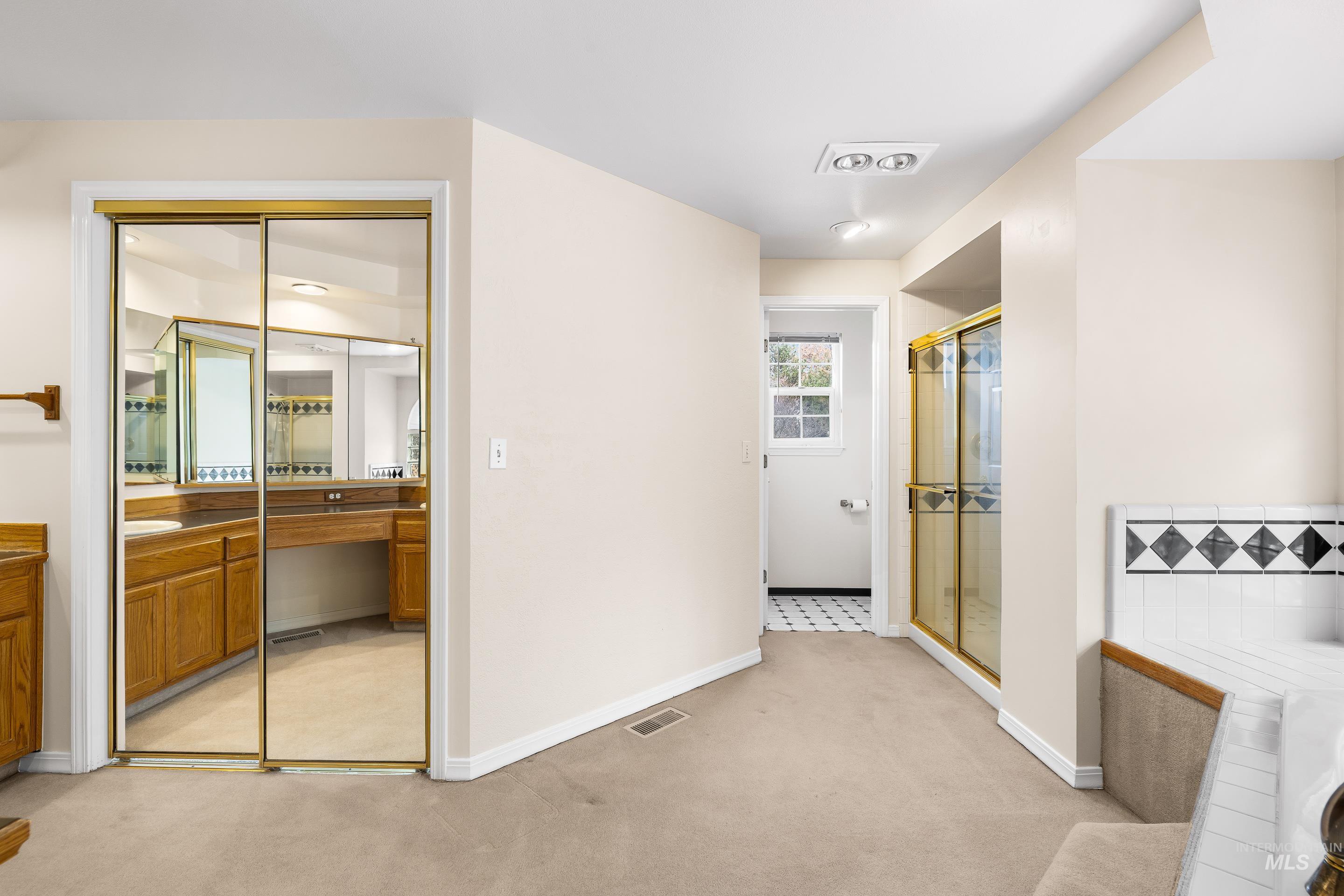 Bathroom with vanity, light carpet, a shower stall, and a relaxing tiled tub