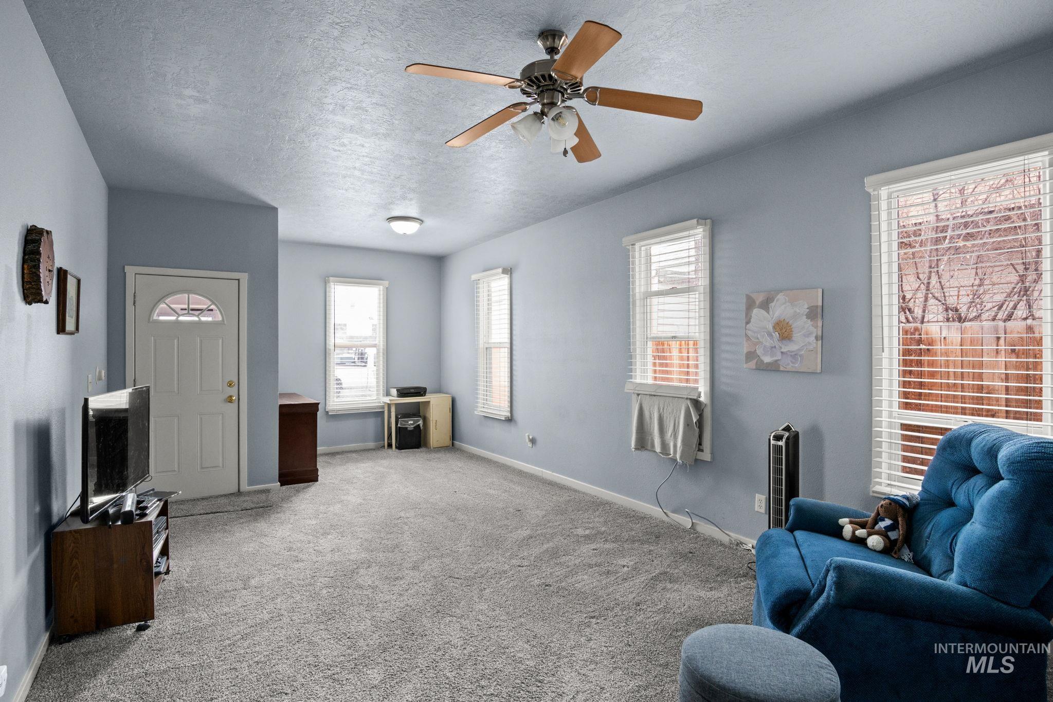Living area with a textured ceiling, carpet floors, and a ceiling fan