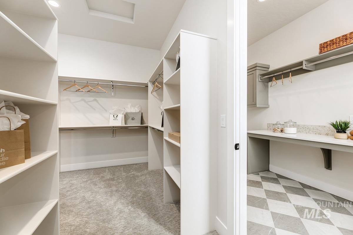 Spacious closet with light colored carpet and light flooring