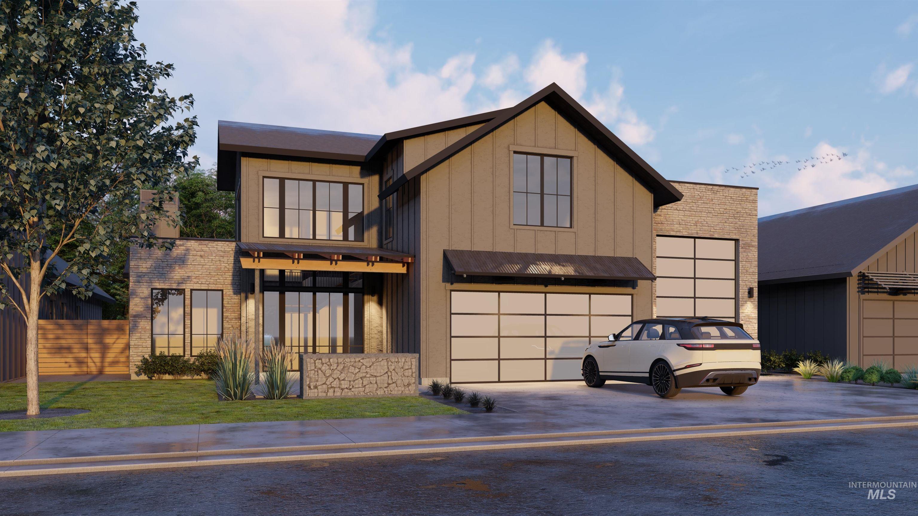 Rendering view of front of house with driveway, RV garage
