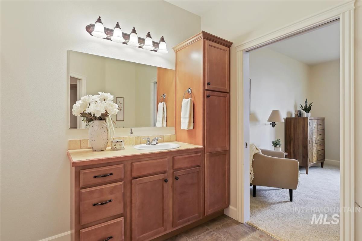 Bathroom featuring vanity and light carpet