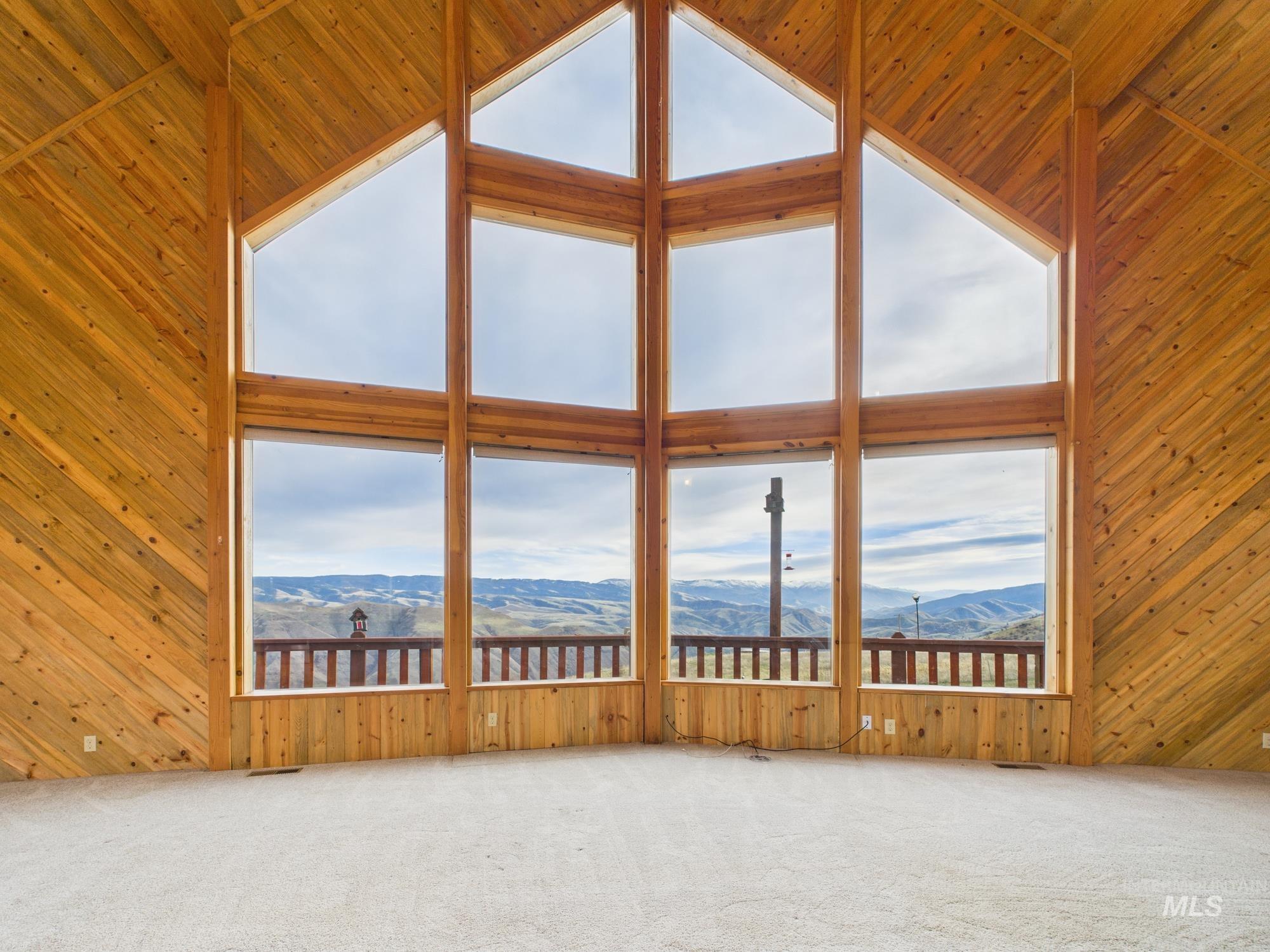 Unfurnished living room featuring wood walls, a high ceiling, carpet floors, and a mountain view