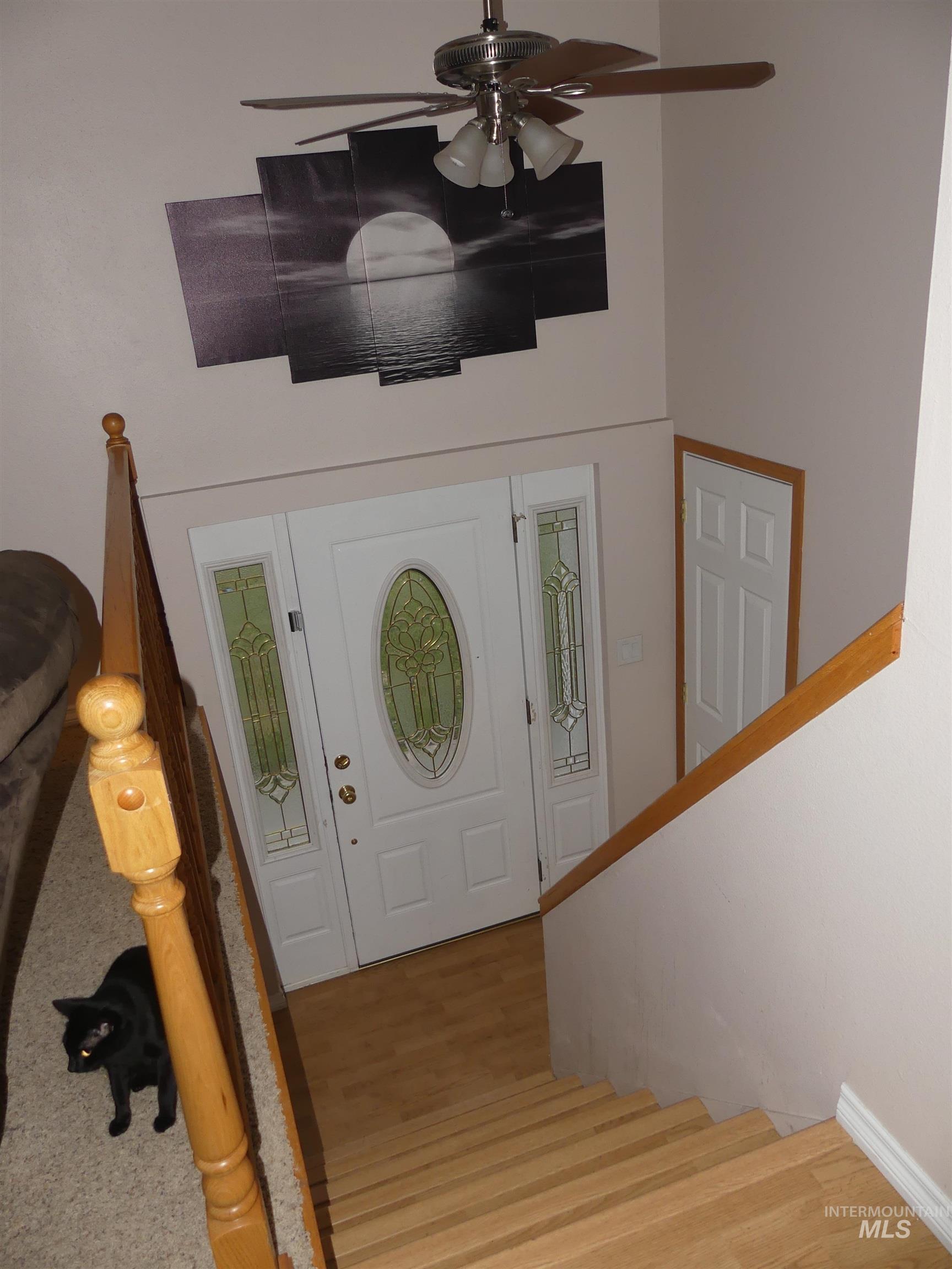 Foyer entrance with stairway, wood finished floors, and a ceiling fan