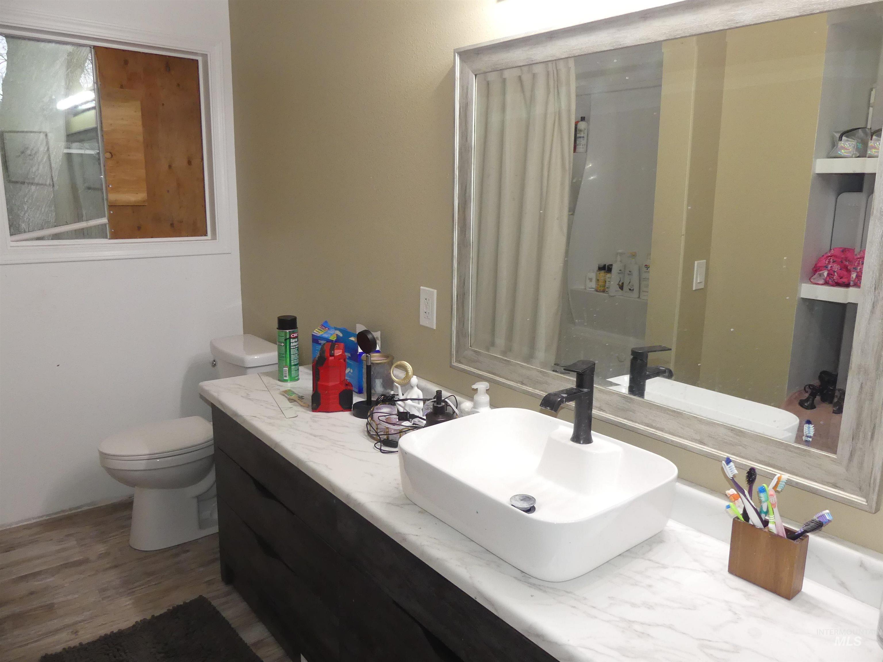 Full bath featuring vanity and dark wood-style flooring
