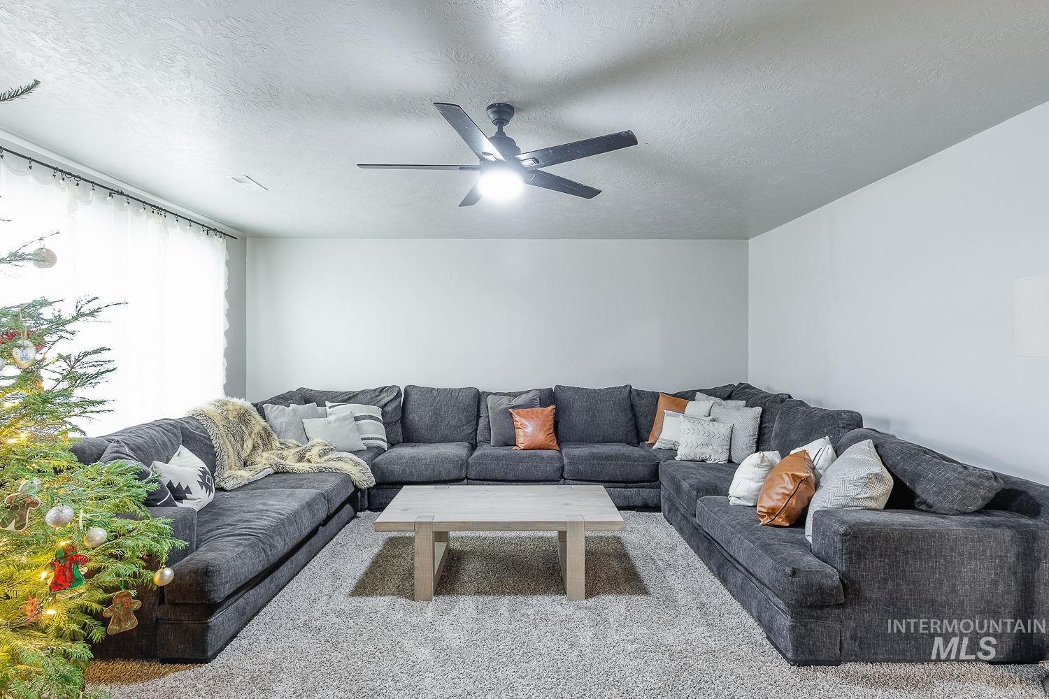 Living area featuring a textured ceiling and carpet flooring
