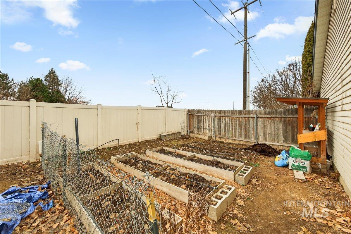 Fenced backyard with a garden