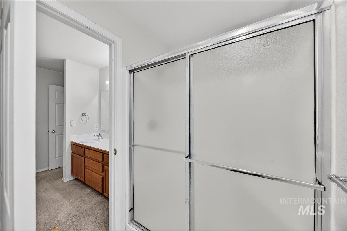 Full bathroom featuring light colored carpet, a shower stall, and vanity