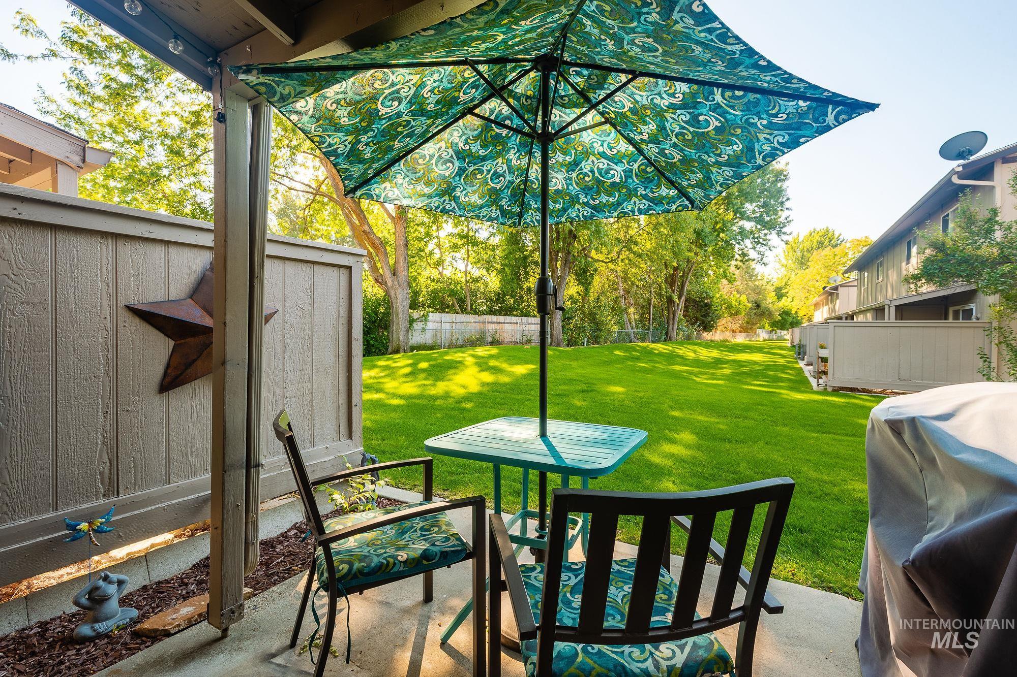 Fenced backyard with grilling area and a patio area