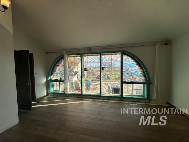 Unfurnished room featuring dark wood finished floors and lofted ceiling