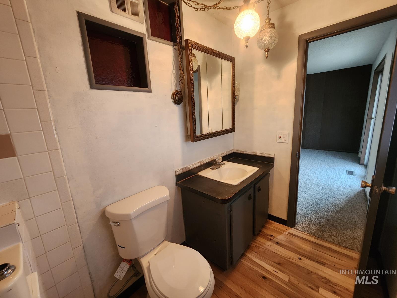 Bathroom featuring vanity and light wood-type flooring