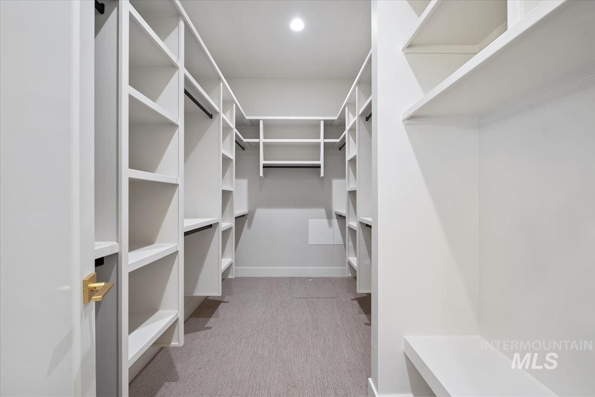 Walk in closet with light carpet