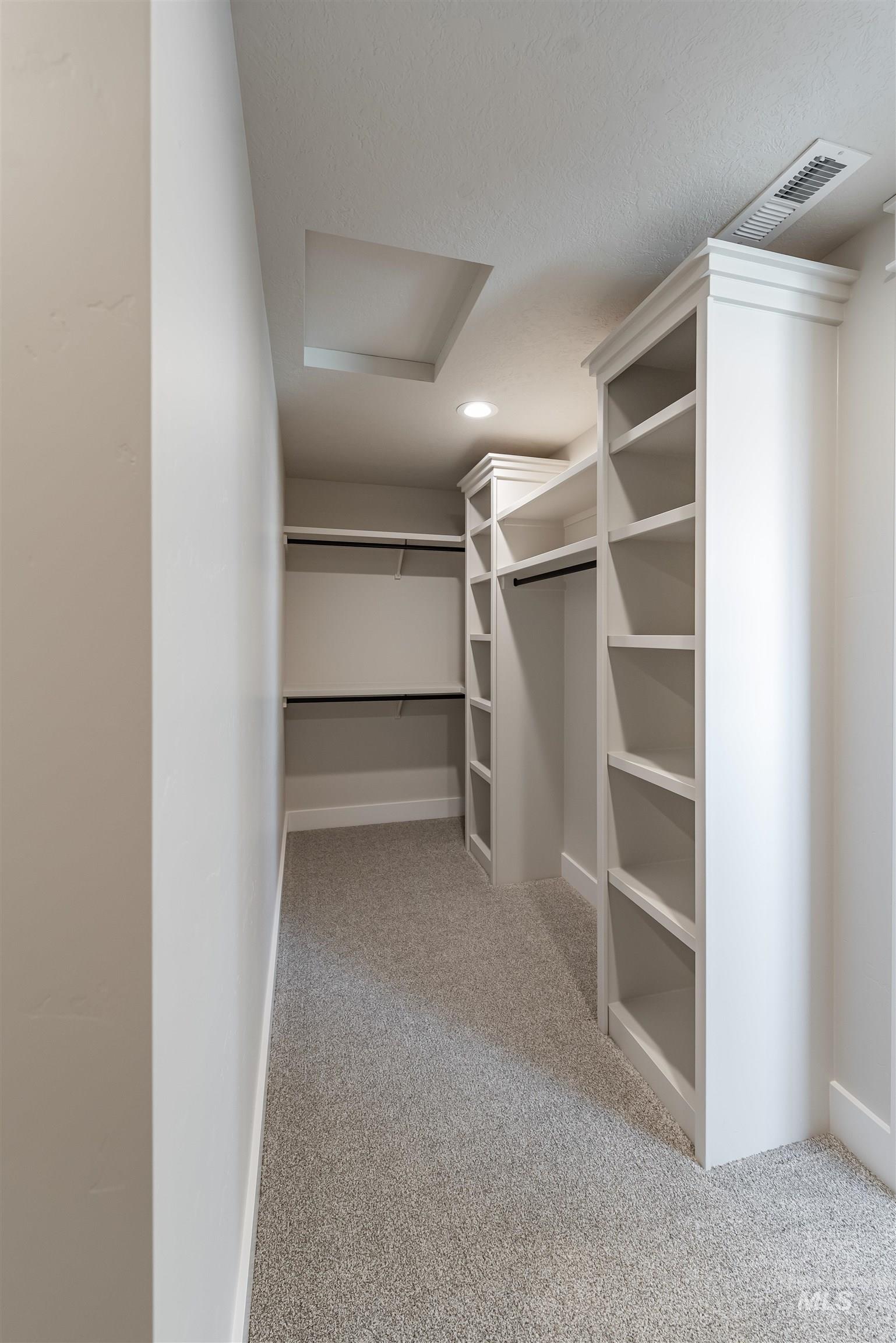 Walk in closet with attic access and light colored carpet
