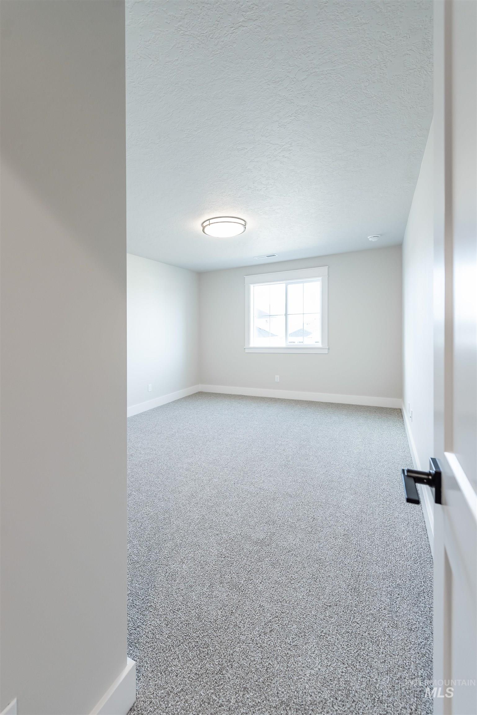 Unfurnished room with a textured ceiling and carpet flooring