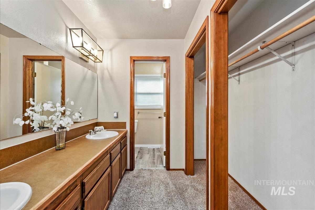 Full bath with light colored carpet, double vanity, and a walk in closet