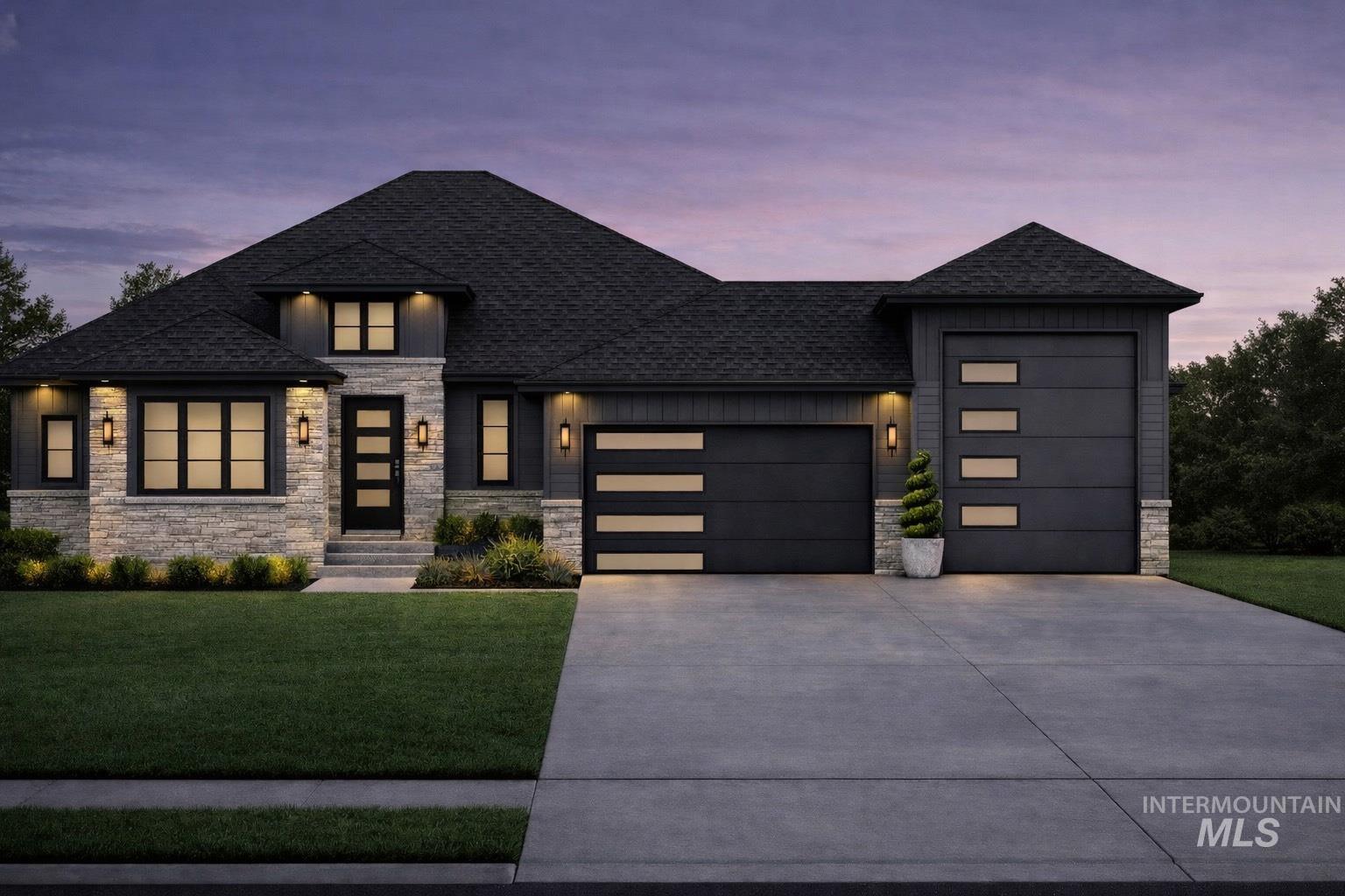 Modern home with an attached garage, stone siding, a front lawn, and driveway