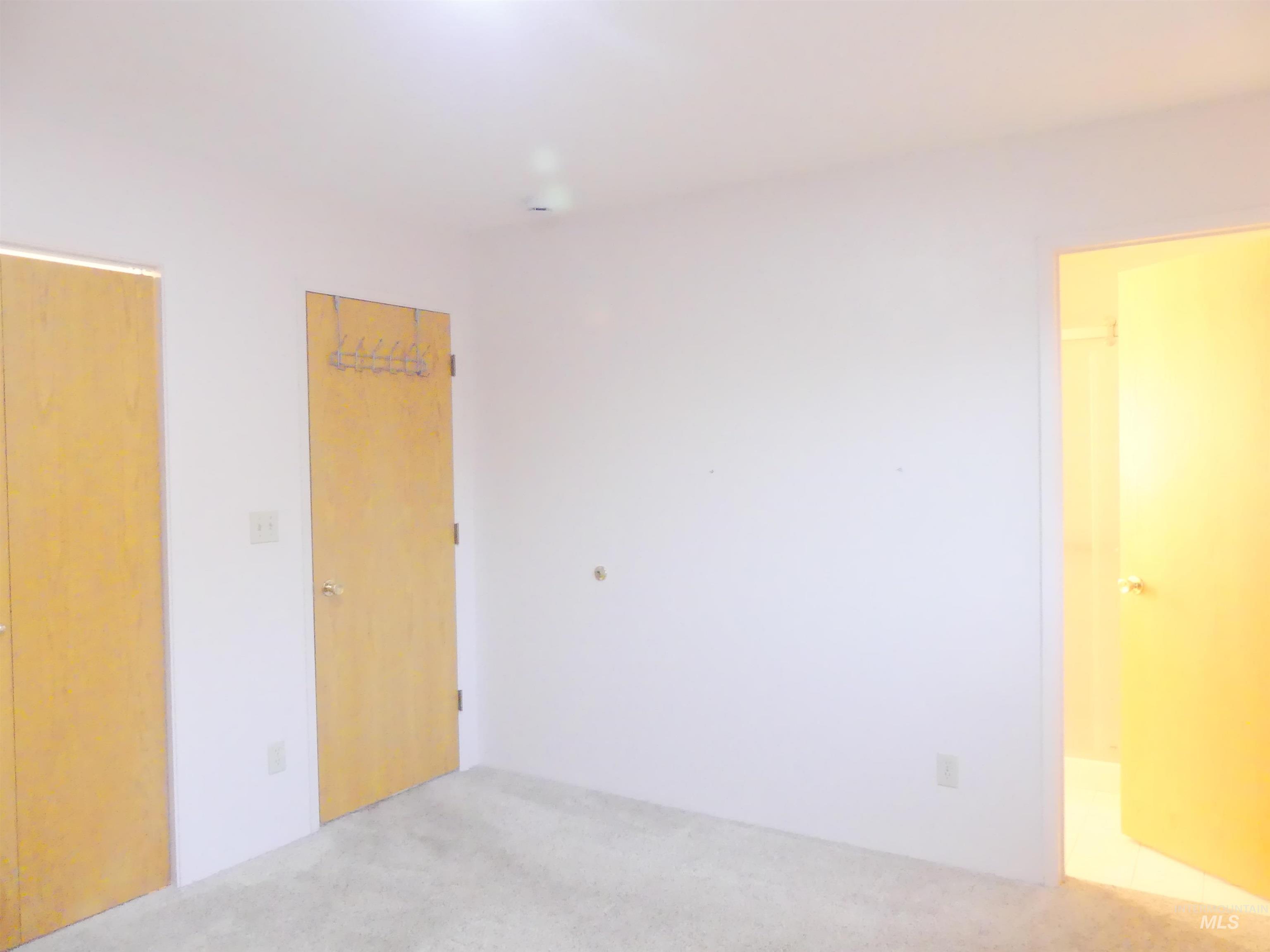 Unfurnished bedroom with ensuite bath, carpet floors, and two closets