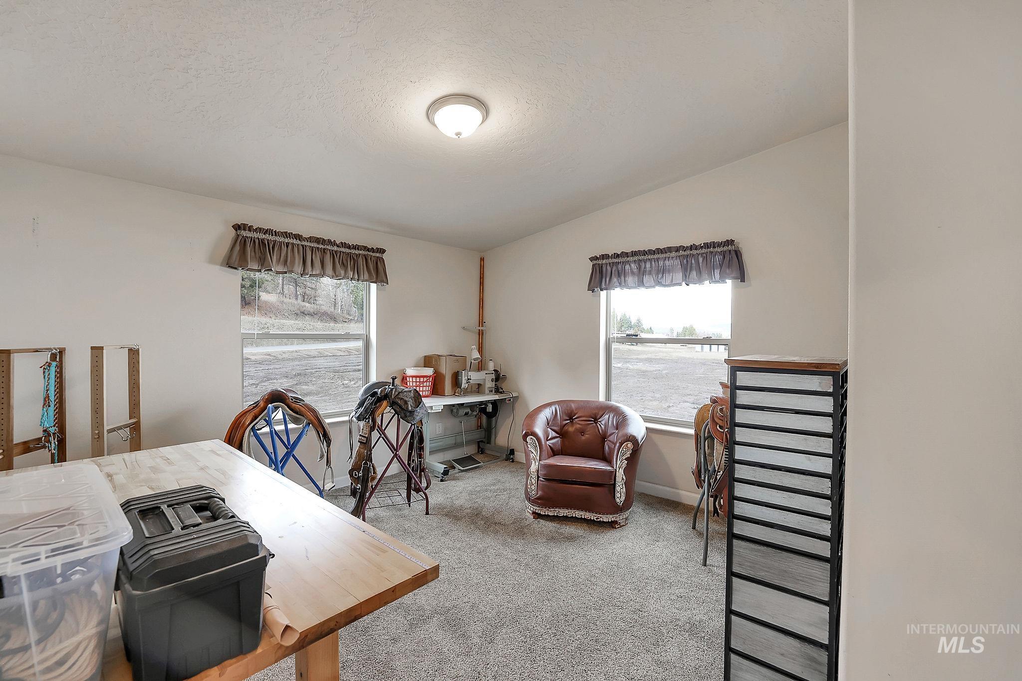 Office featuring carpet, vaulted ceiling, plenty of natural light, and a textured ceiling