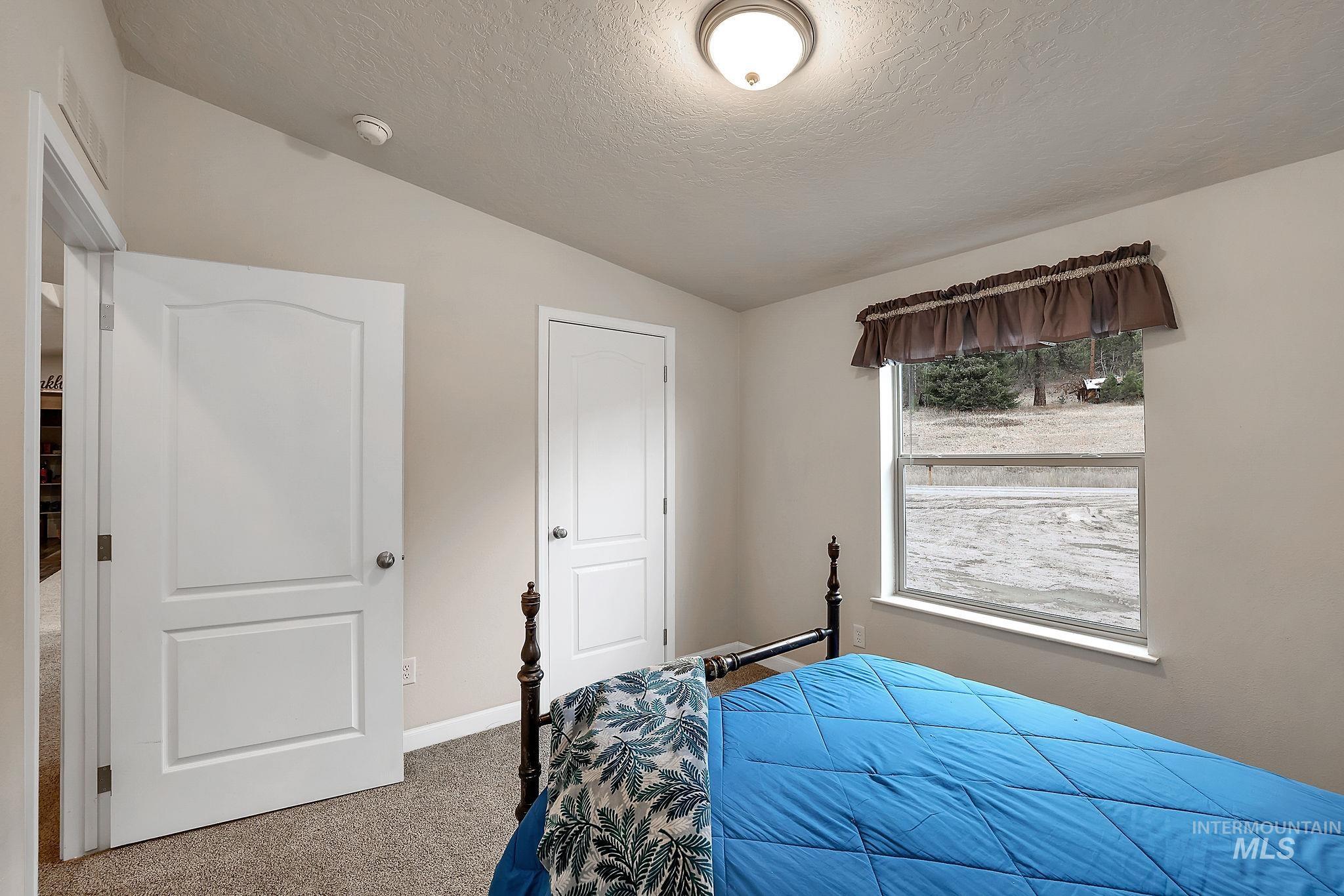 Carpeted bedroom with lofted ceiling and a textured ceiling