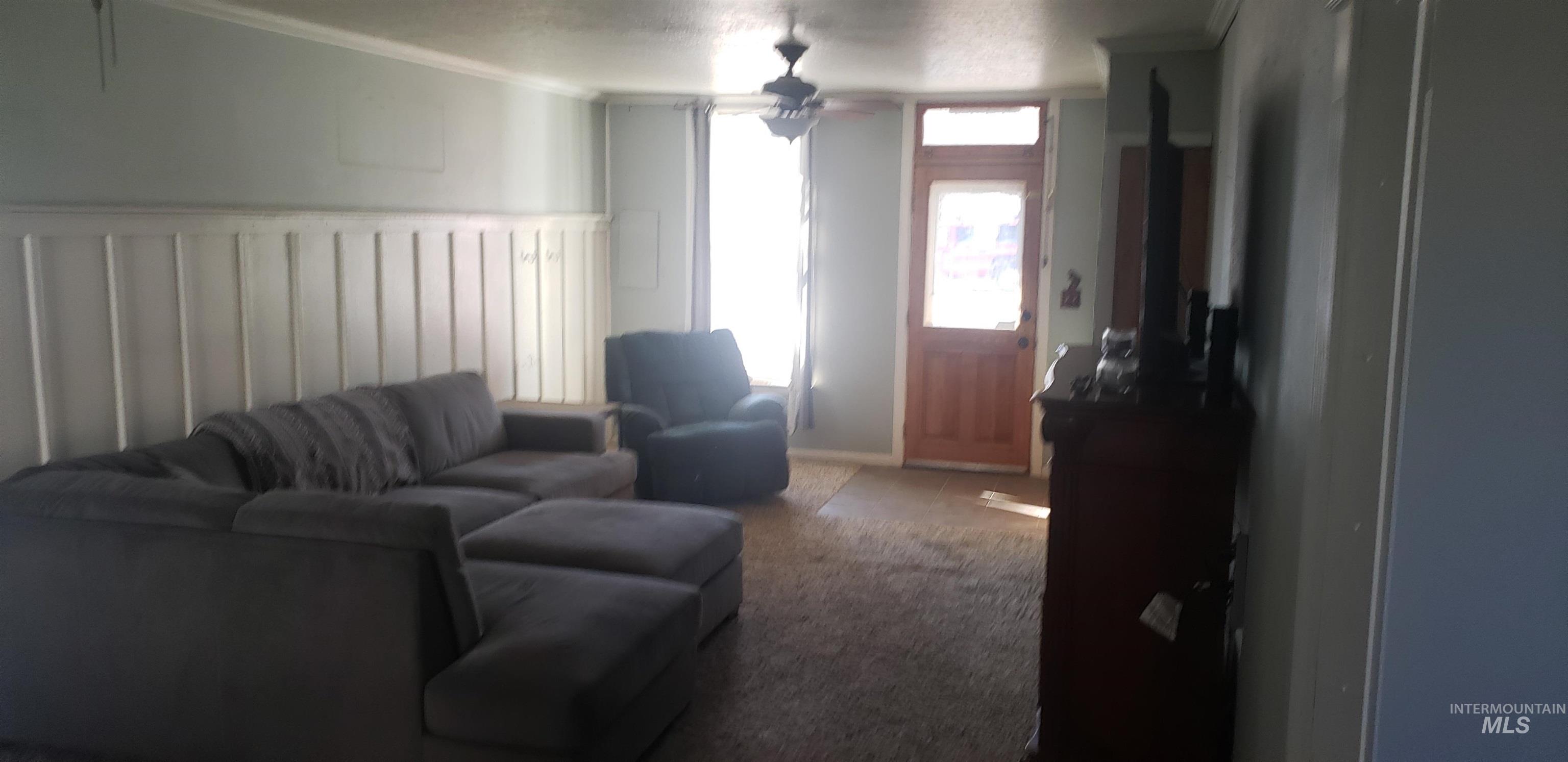 Carpeted living area with ceiling fan