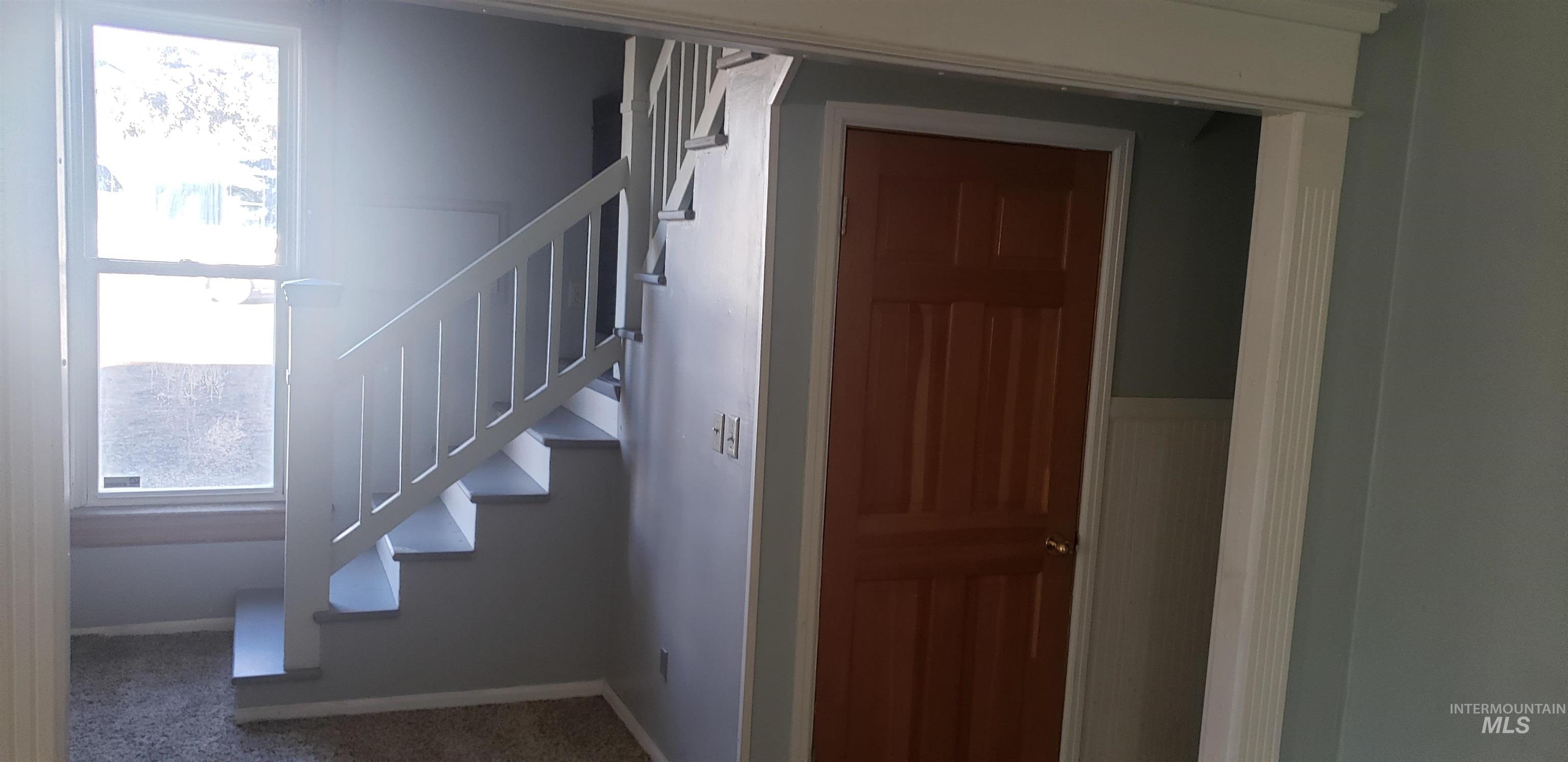 Staircase with baseboards and carpet floors