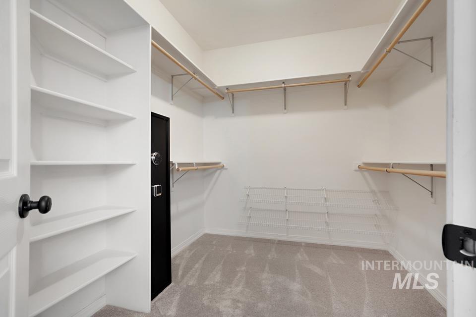 Spacious closet with light colored carpet