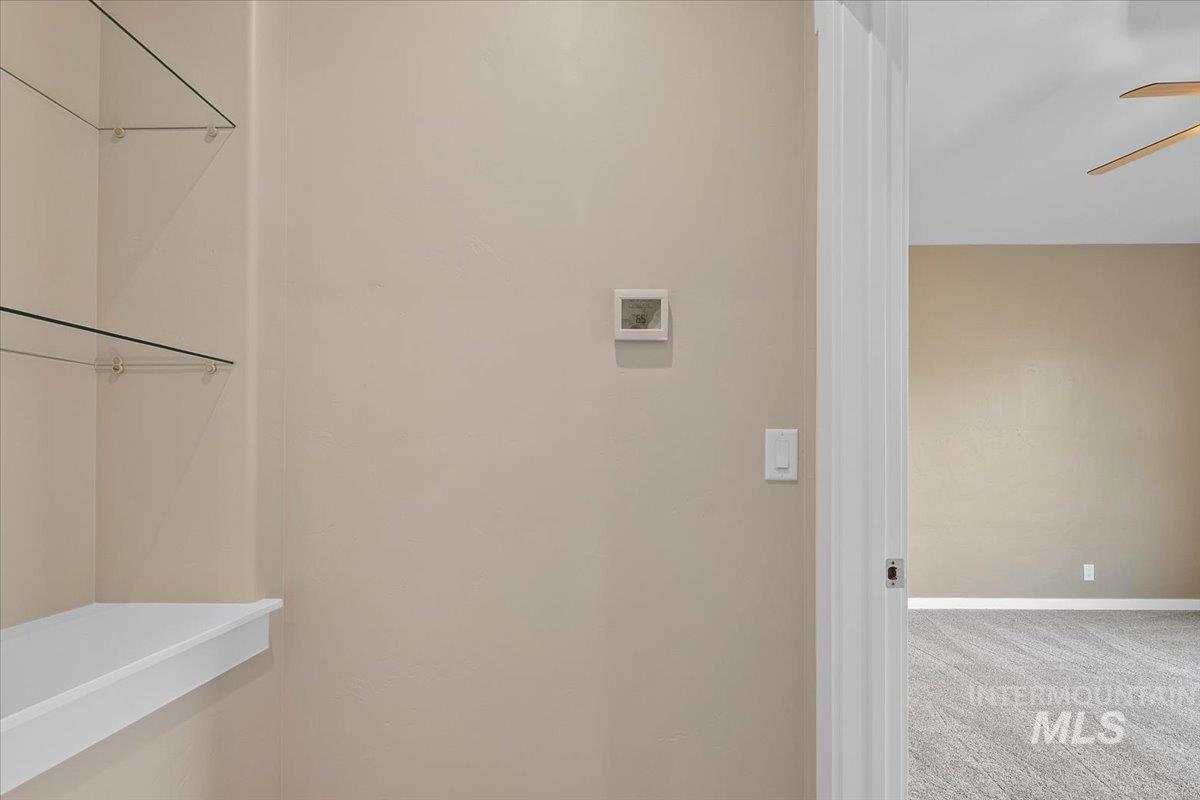 Washroom featuring light carpet, a ceiling fan, and washer hookup