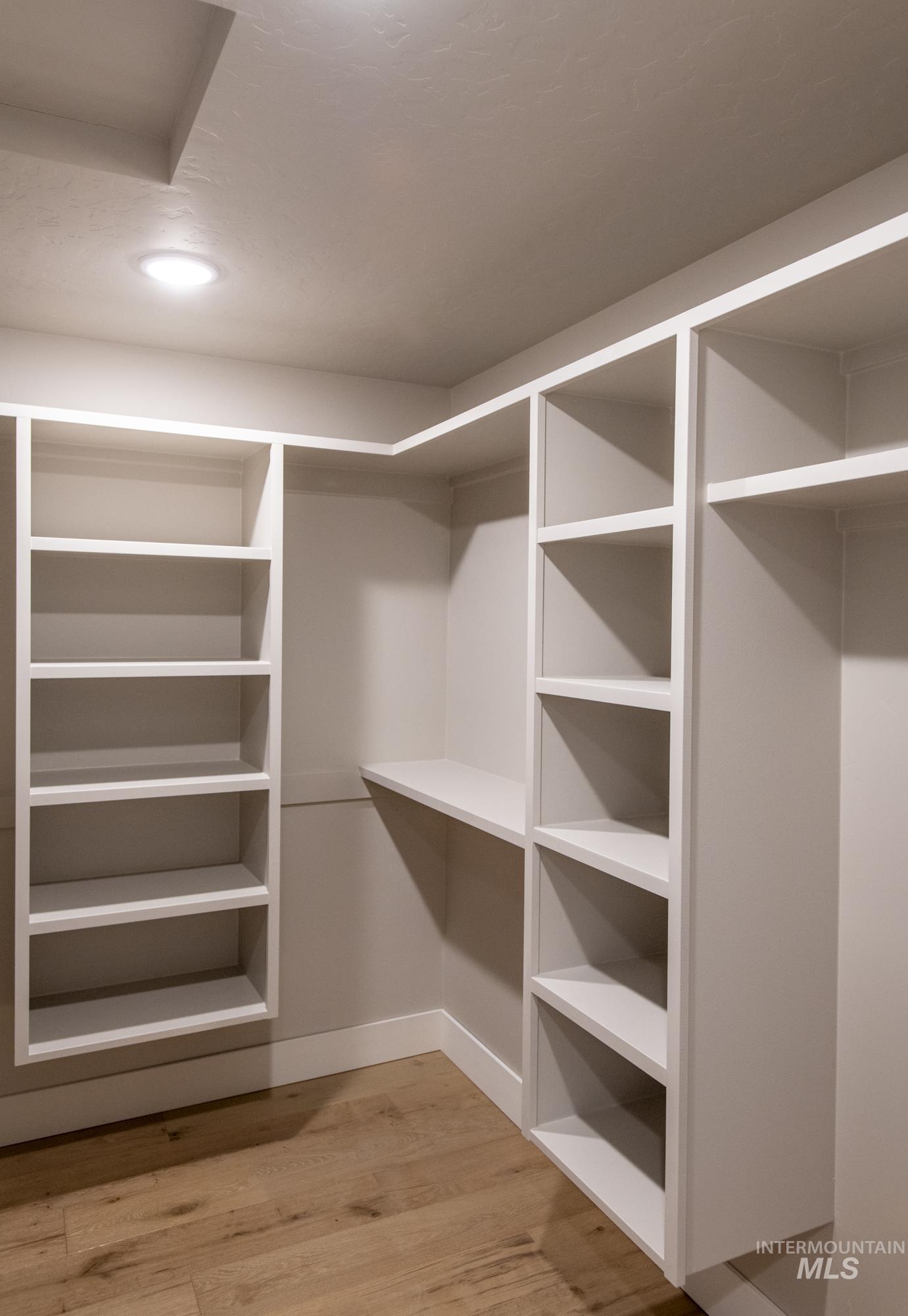 Walk in closet with light wood-style floors