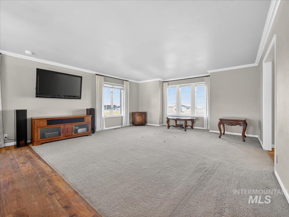 Unfurnished living room featuring crown molding and carpet flooring