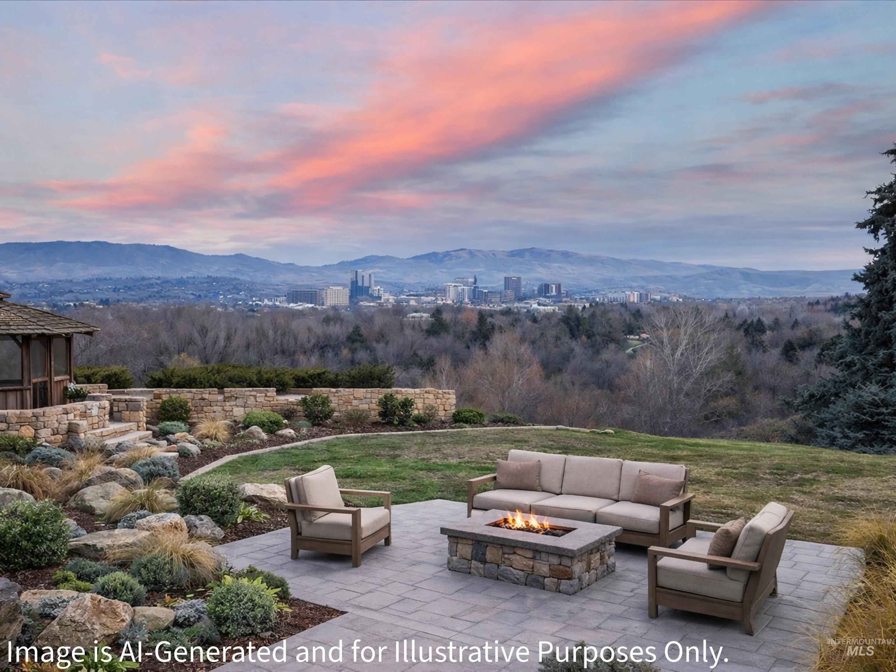 View of patio / terrace featuring a mountain view and an outdoor living space with a fire pit
