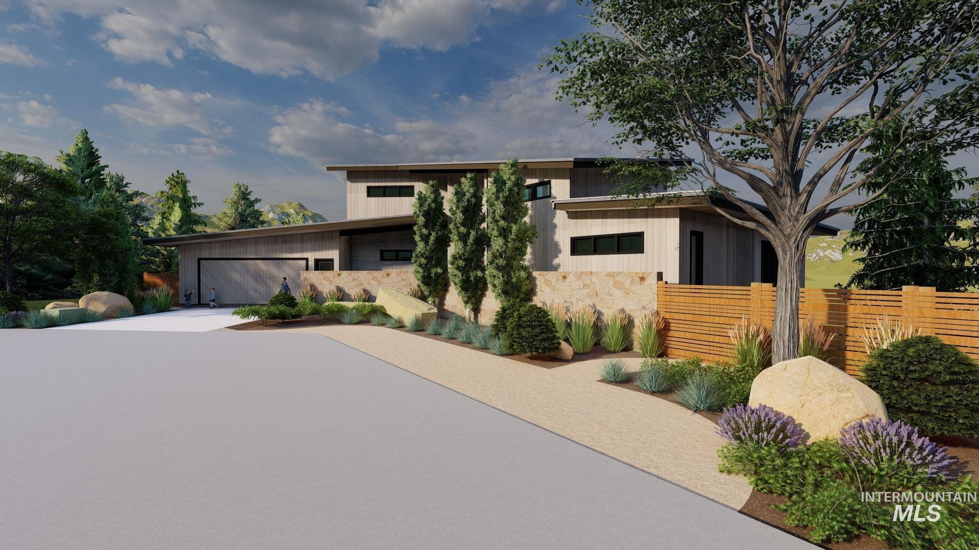 Contemporary home featuring stone siding, driveway, and a garage