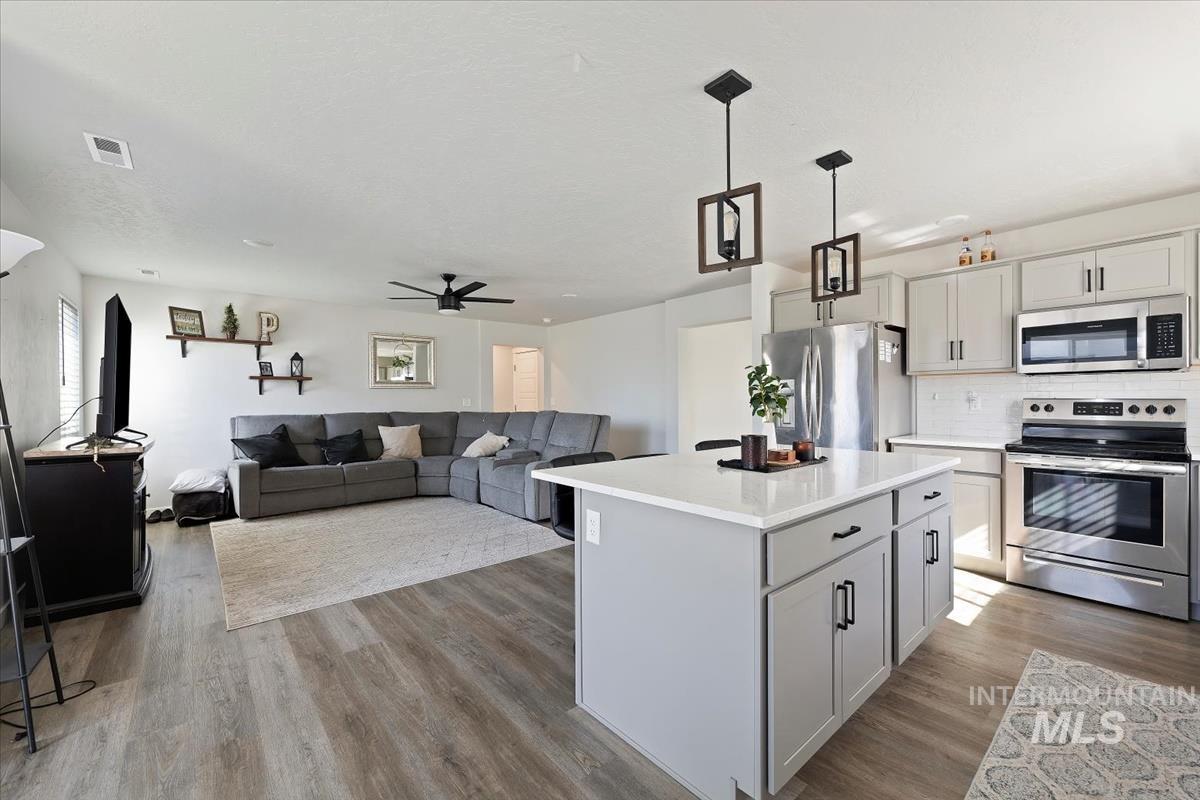 Kitchen with stainless steel appliances, a ceiling fan, gray cabinets, and pendant lighting
