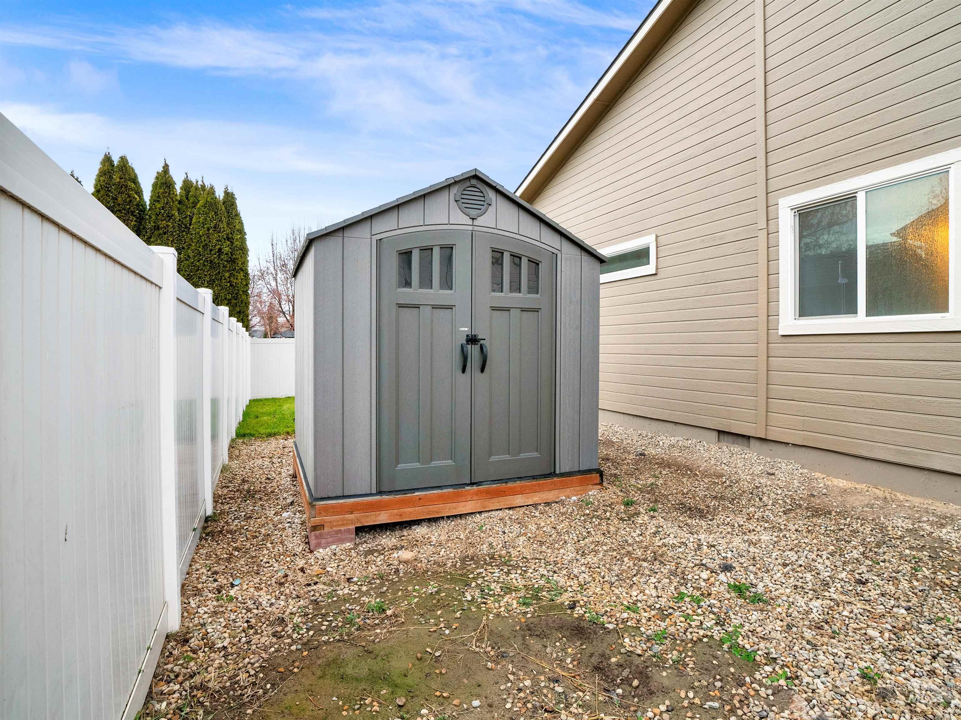 View of shed featuring a fenced backyard