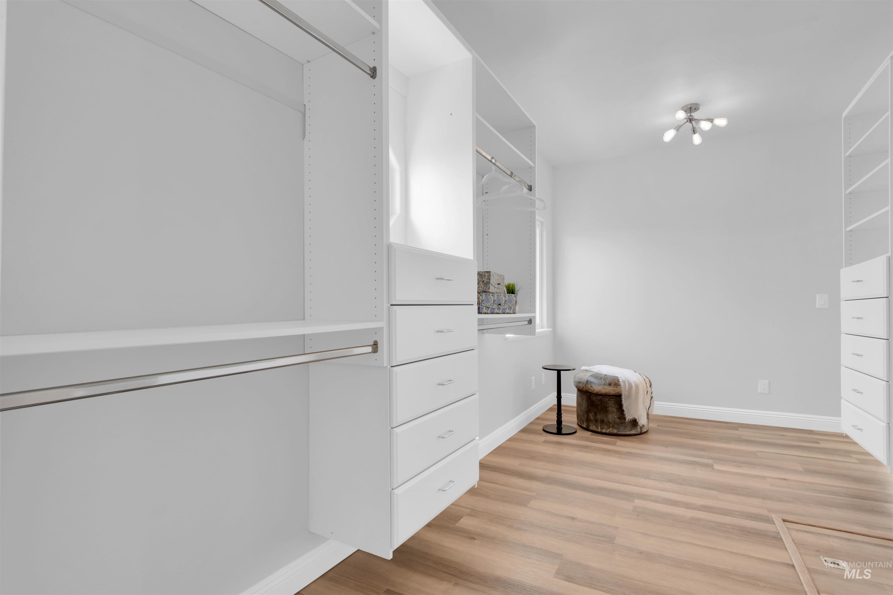 Spacious closet featuring light wood-style flooring