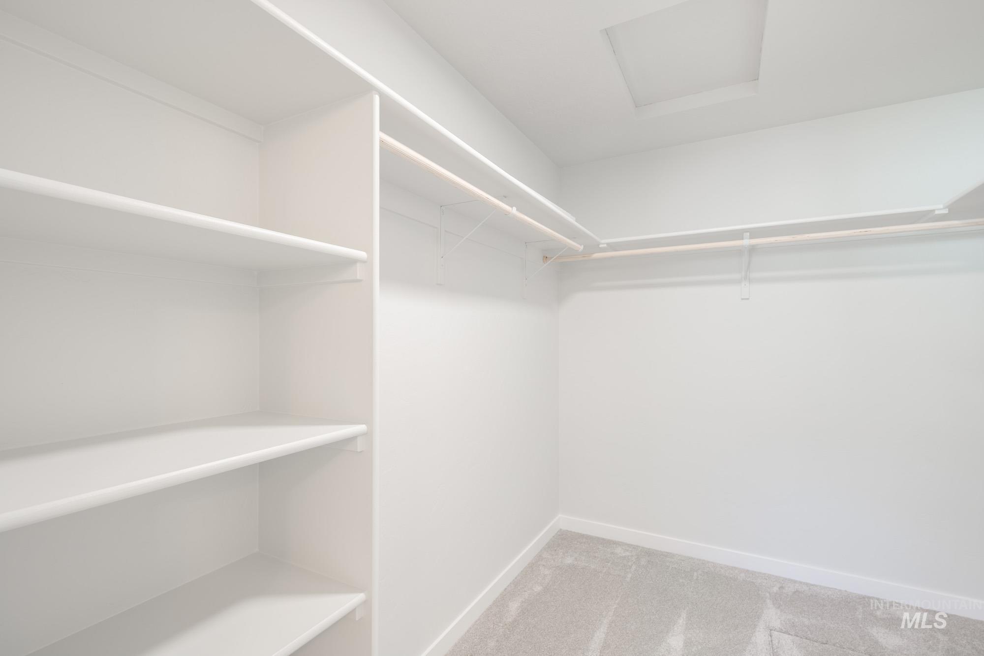 Spacious closet featuring light carpet and attic access