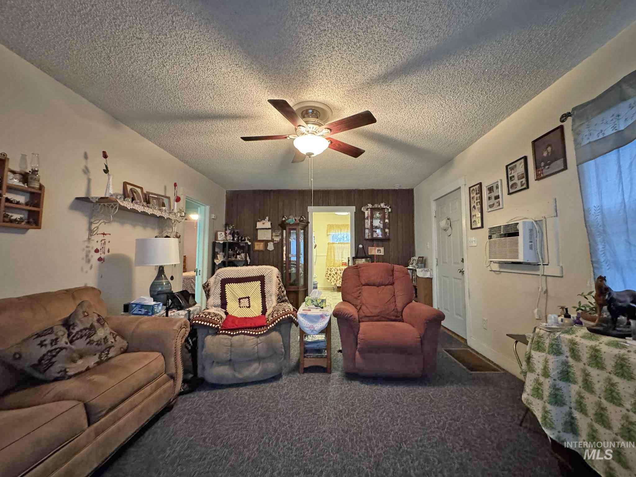Living area featuring a textured ceiling, carpet flooring, ceiling fan, and an AC wall unit