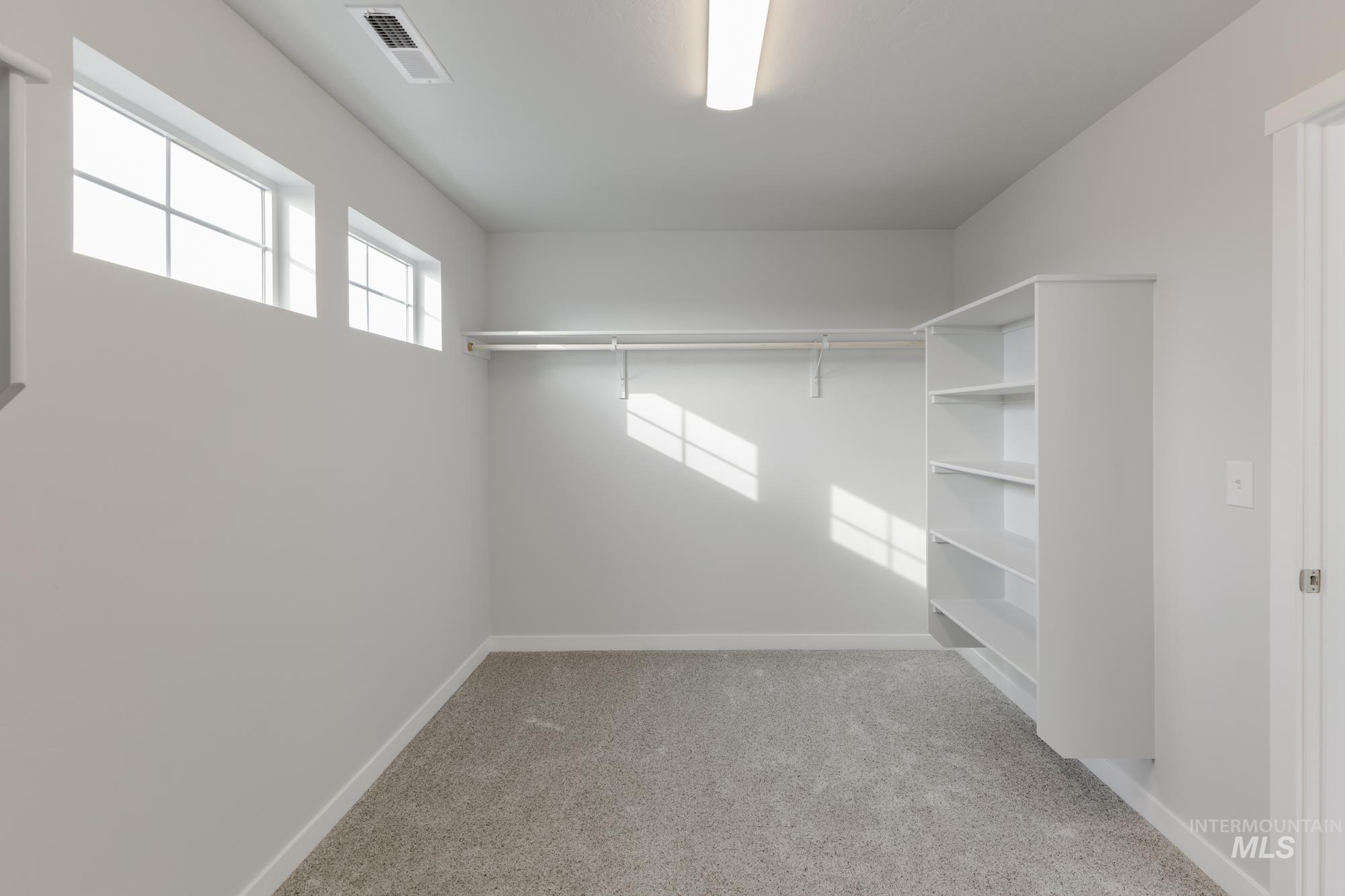 Walk in closet featuring light carpet