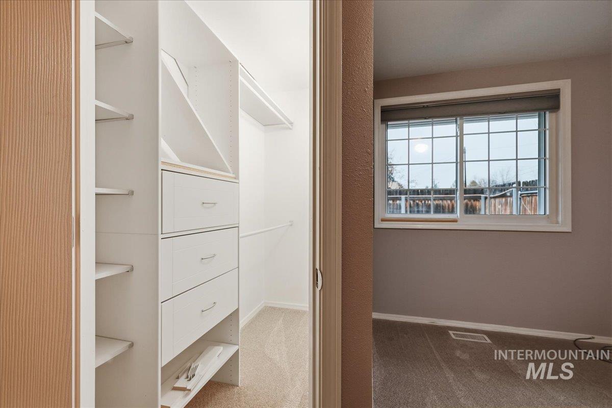 Walk in closet with light carpet