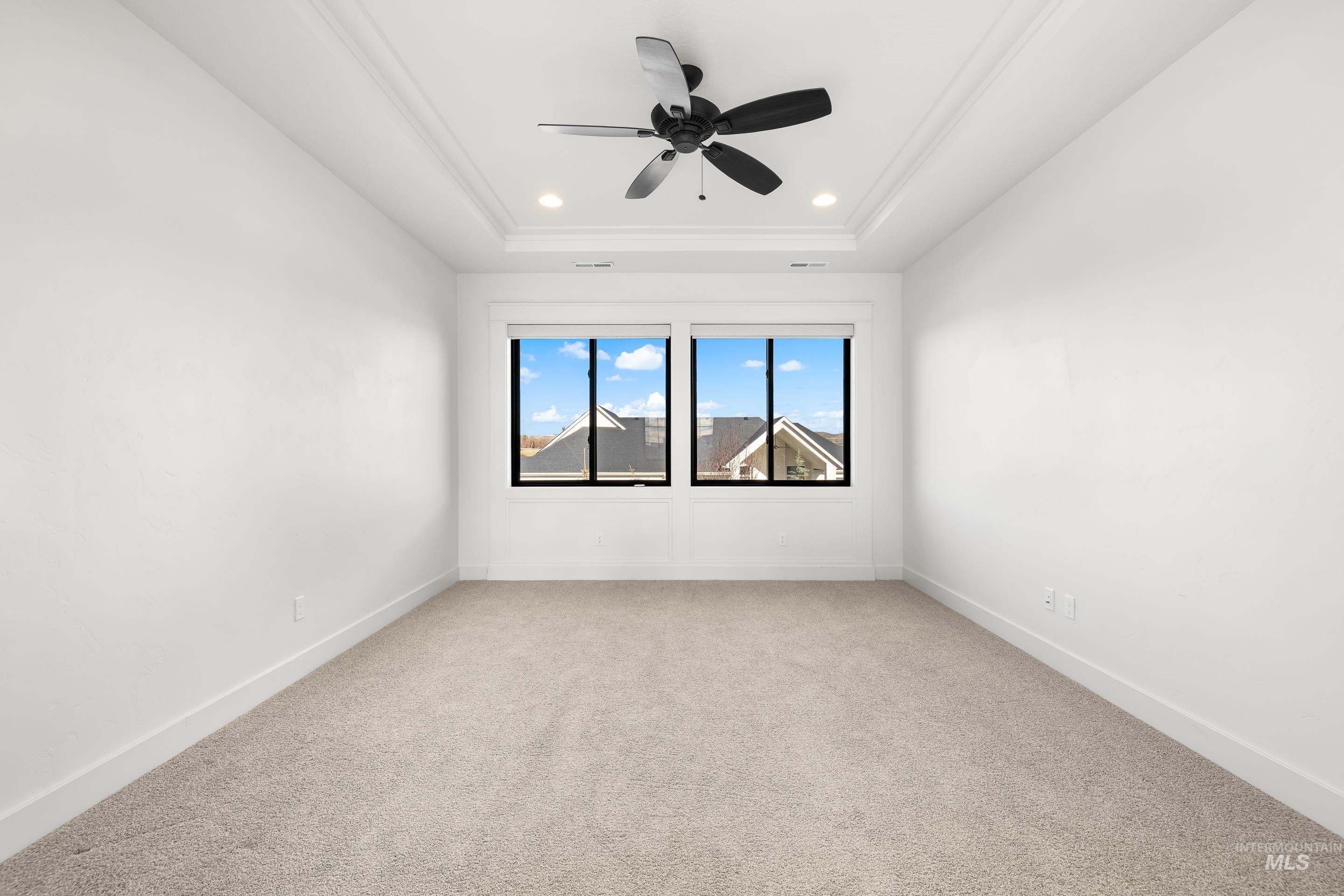 Spare room with light carpet, ceiling fan, a tray ceiling, and recessed lighting