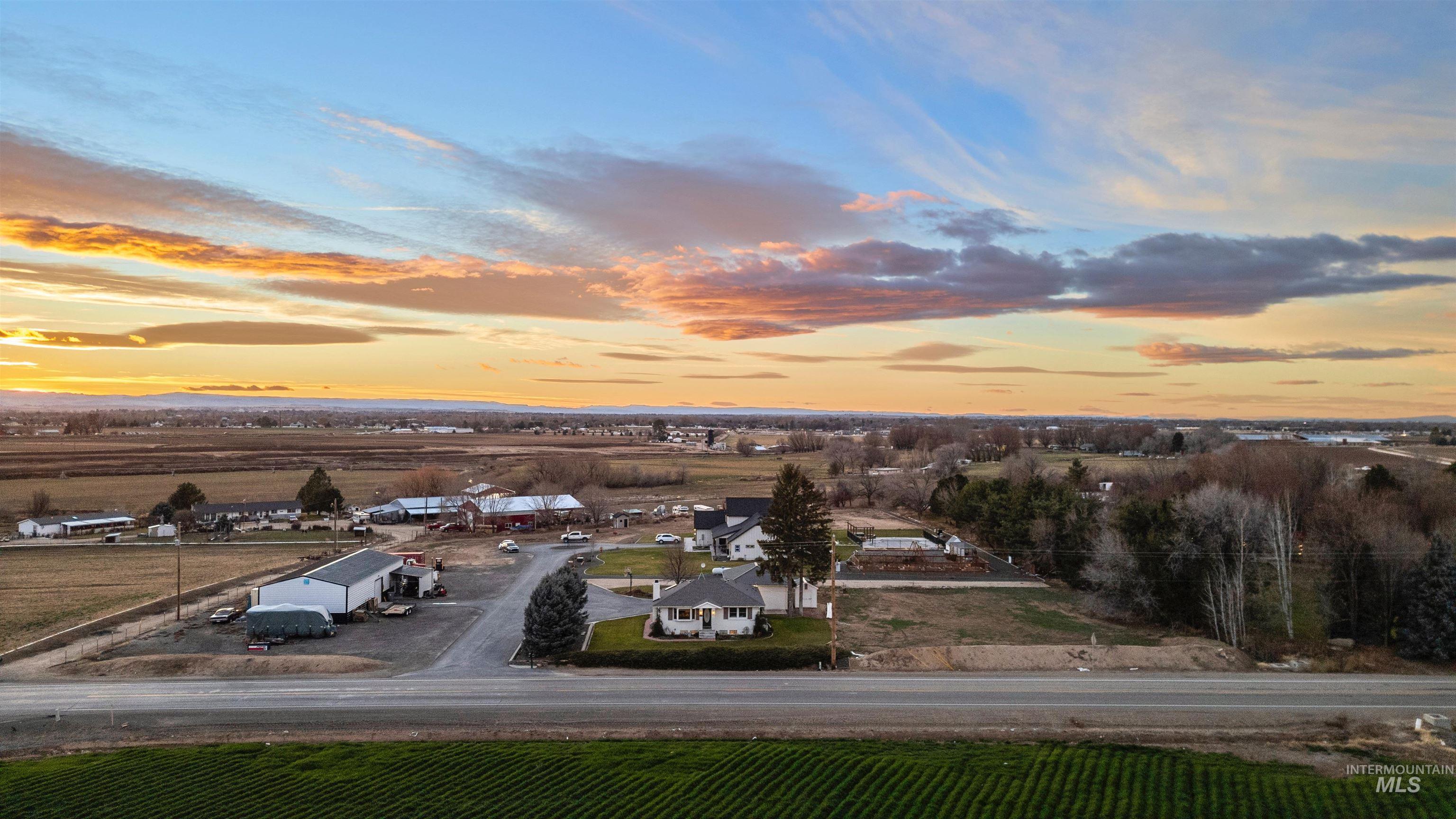 Aerial view at dusk of a rural view