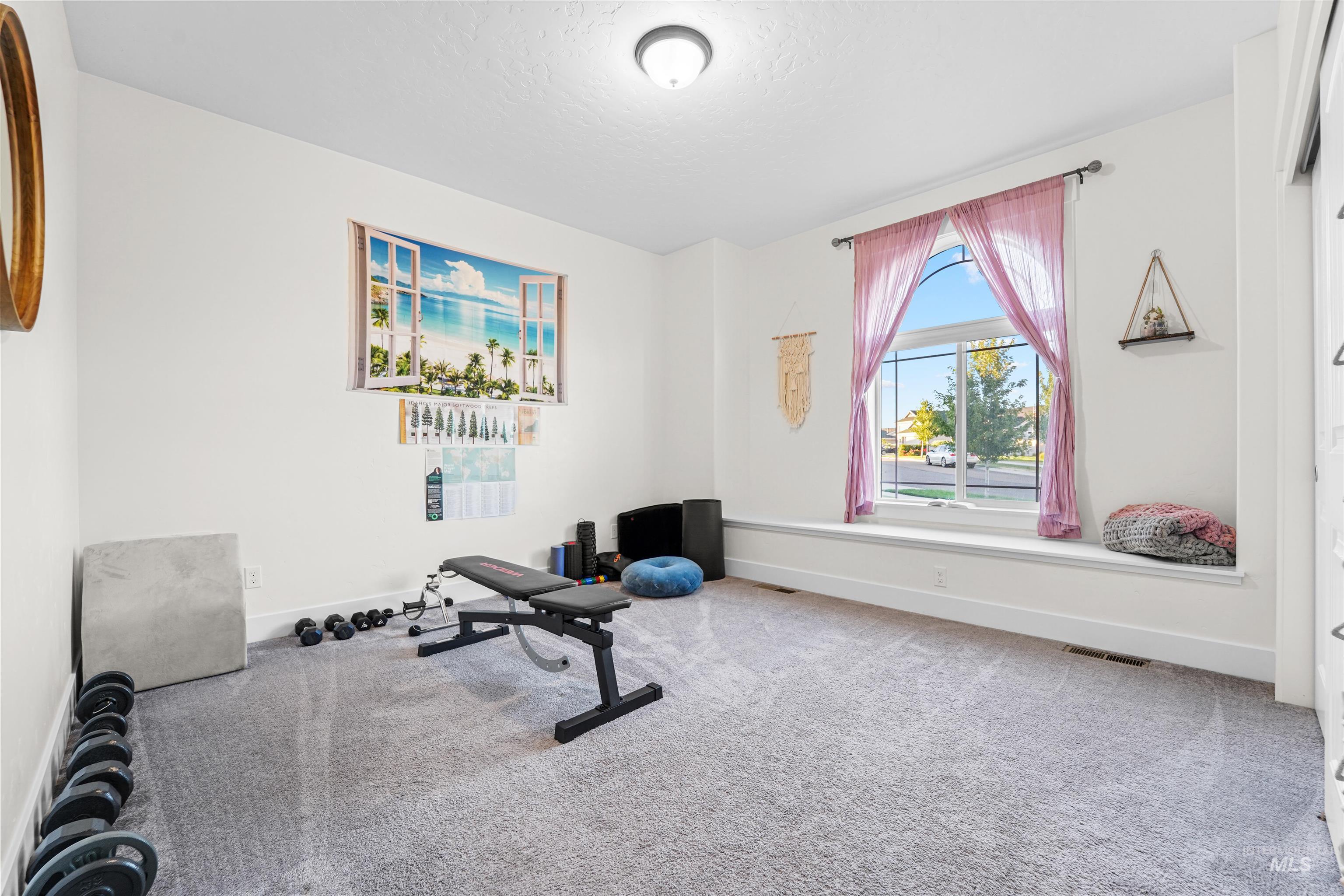 Workout room featuring carpet and a textured ceiling
