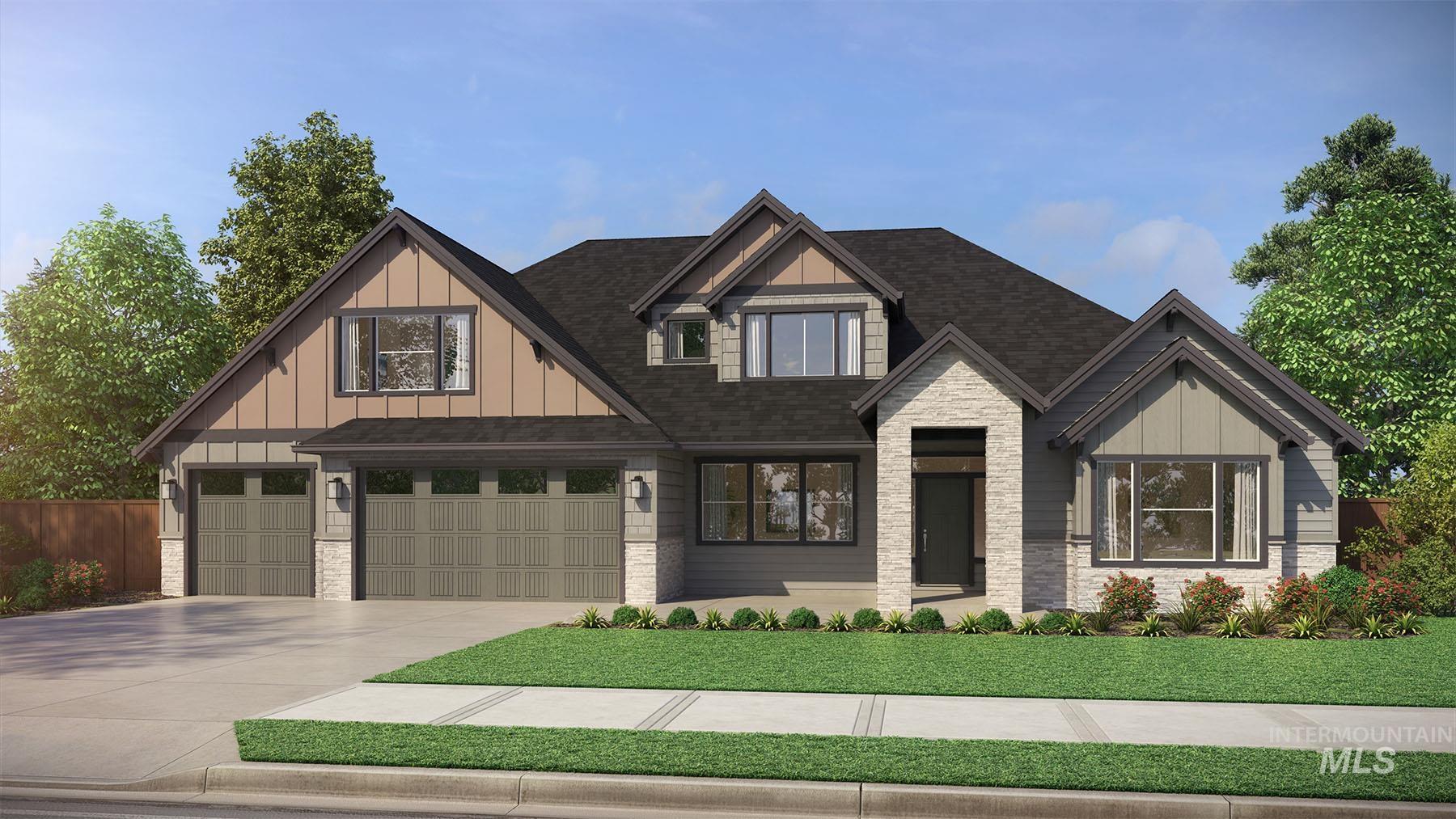 Craftsman house with stone siding, concrete driveway, roof with shingles, board and batten siding, and an attached garage