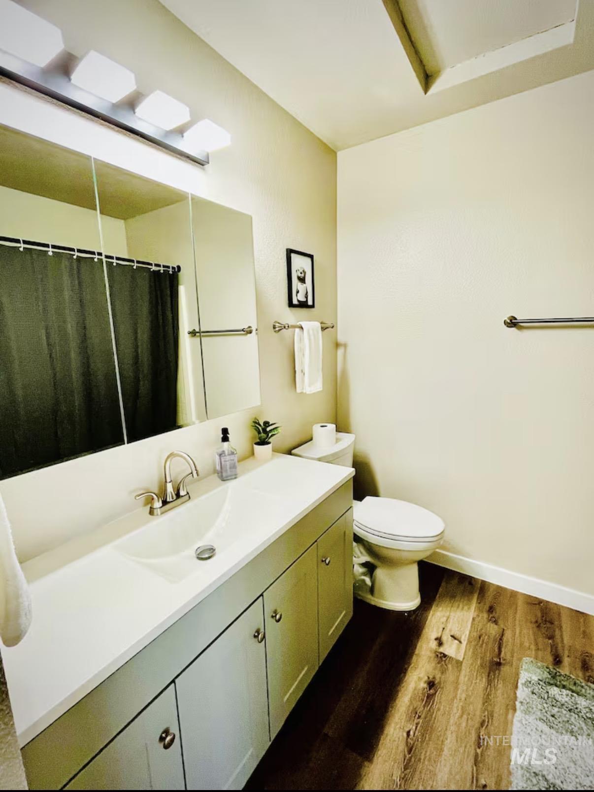 Full bathroom with vanity, a shower with shower curtain, and dark wood-style flooring