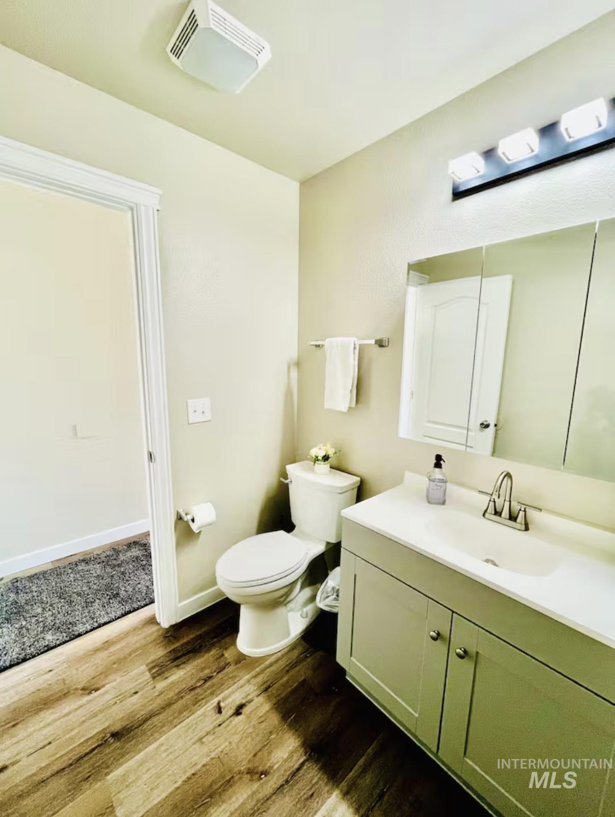 Half bath with vanity and dark wood-type flooring